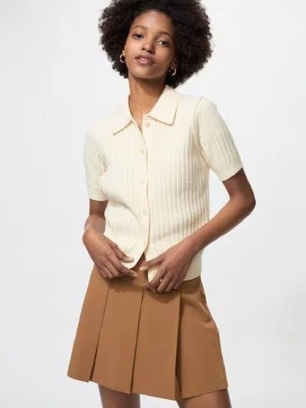 Uniqlo Cream Ribbed Short-Sleeve Button Polo